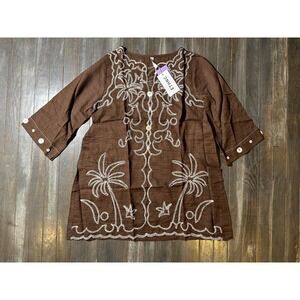 ETHNC Brown Embroidered Palm Tree Tunic Top Boho Tropical Beach Coverup